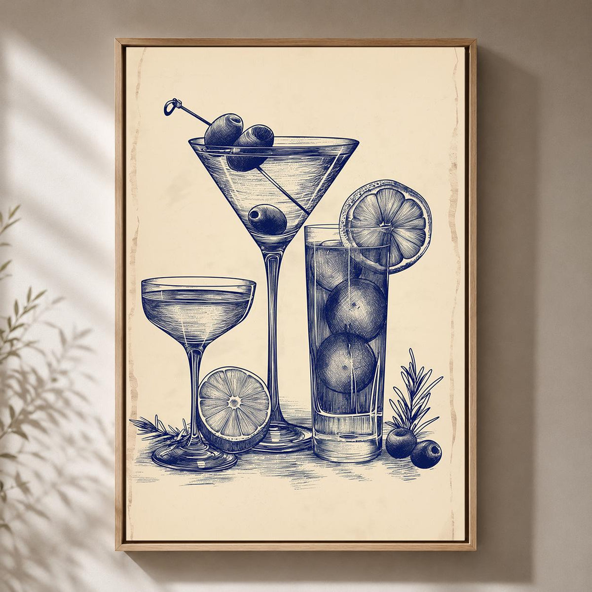 Vintage Martini Gin Cocktail Blue Ink Drinks Retro Bar Cart Framed Canvas by The Wall Art Studio - physical