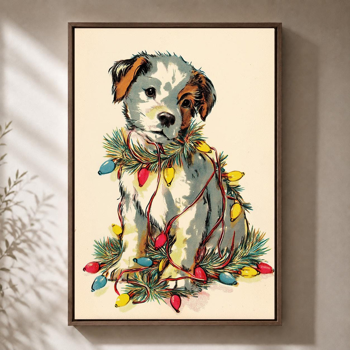 Christmas Puppy Festive Dog in Colourful Christmas Lights Framed Canvas by The Wall Art Studio - physical