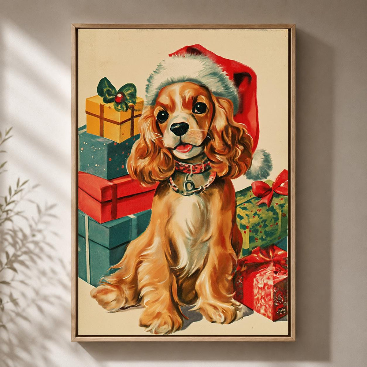 Christmas Cocker Spaniel Festive Puppy Vintage Framed Canvas by The Wall Art Studio - physical
