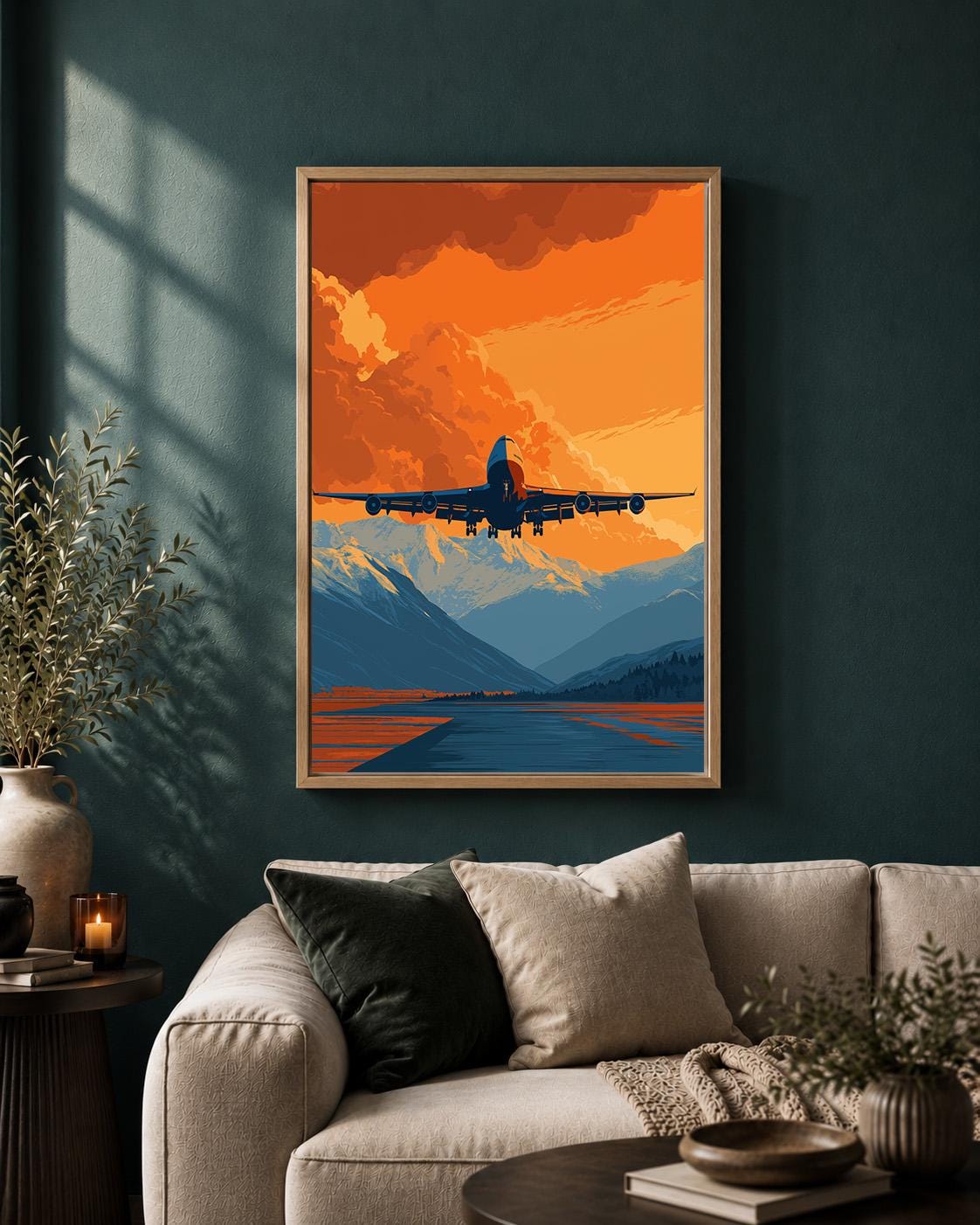 Airplane Orange Sunset Mountain Travel Retro Plane Framed Canvas by The Wall Art Studio - physical