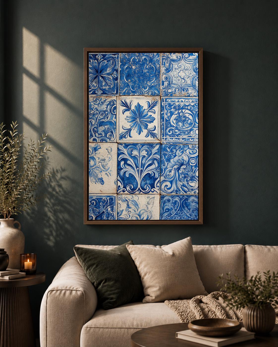 Blue Portuguese Tile Azulejo Ceramic Pattern Framed Canvas by The Wall Art Studio