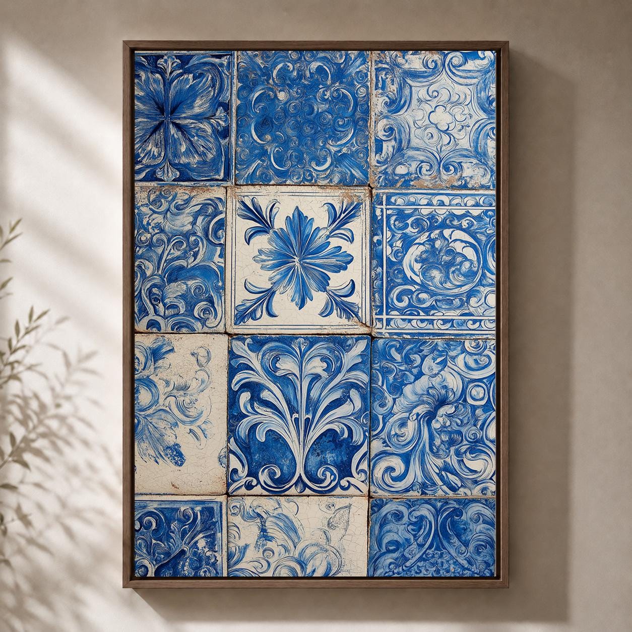 Blue Portuguese Tile Azulejo Ceramic Pattern Framed Canvas by The Wall Art Studio