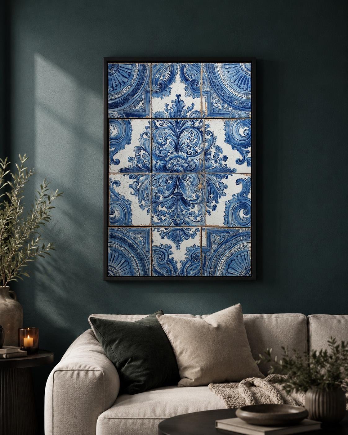 Blue Portuguese Azulejo Vintage Ceramic Tile Mediterranean Framed Canvas by The Wall Art Studio