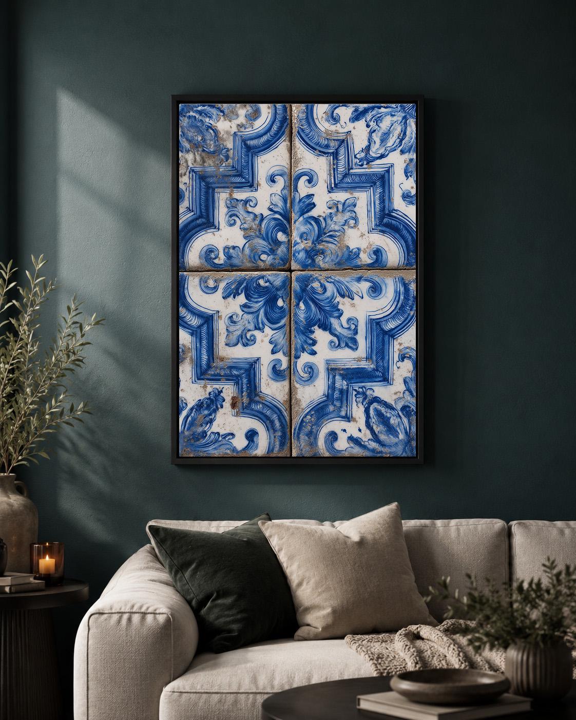 Portuguese Azulejo Blue Ceramic Tile Mediterranean Framed Canvas by The Wall Art Studio