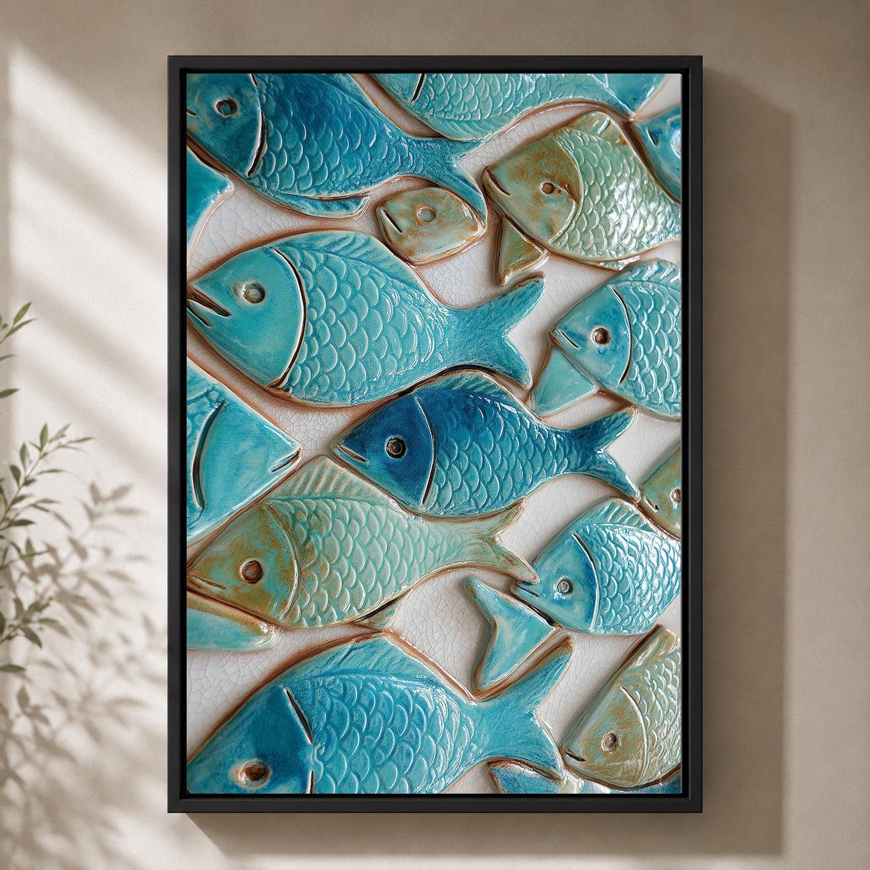 Coastal Fish Ceramic Tile Mediterranean Beach House Framed Canvas by The Wall Art Studio