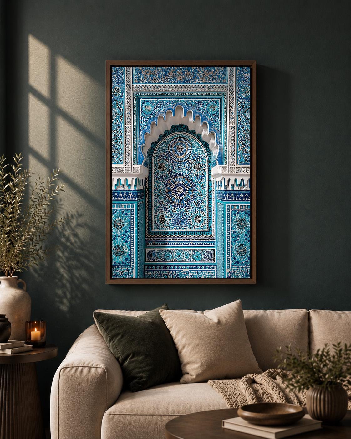 Moroccan Mosaic Arch Blue Islamic Tile Framed Canvas by The Wall Art Studio