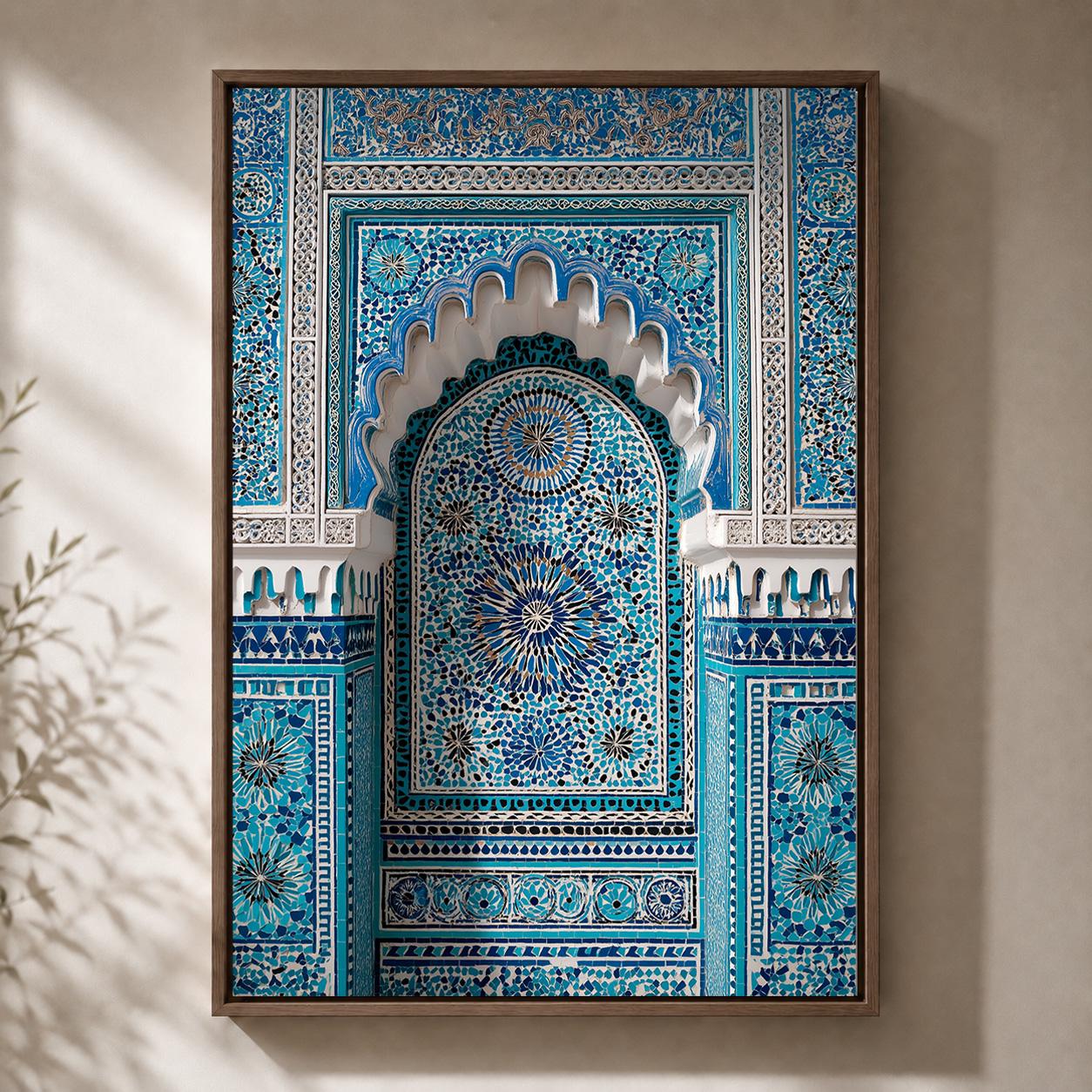 Moroccan Mosaic Arch Blue Islamic Tile Framed Canvas by The Wall Art Studio