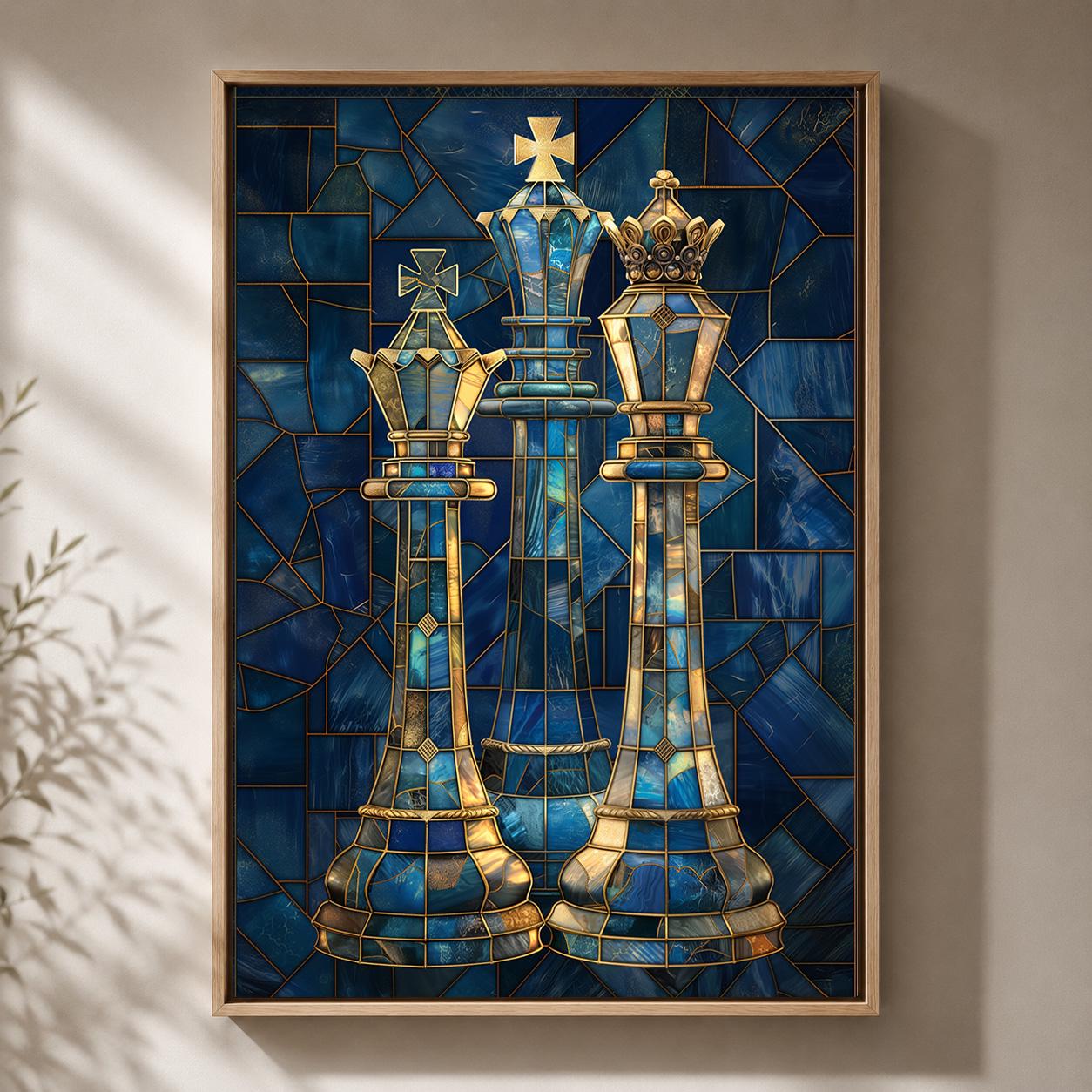 Blue Stained Glass Chess King & Queen Framed Canvas by The Wall Art Studio