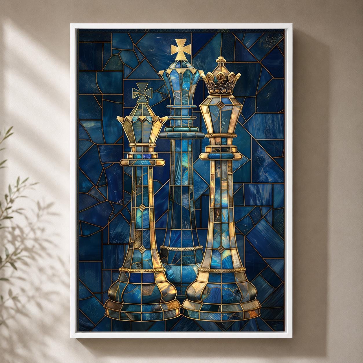 Blue Stained Glass Chess King & Queen Framed Canvas by The Wall Art Studio