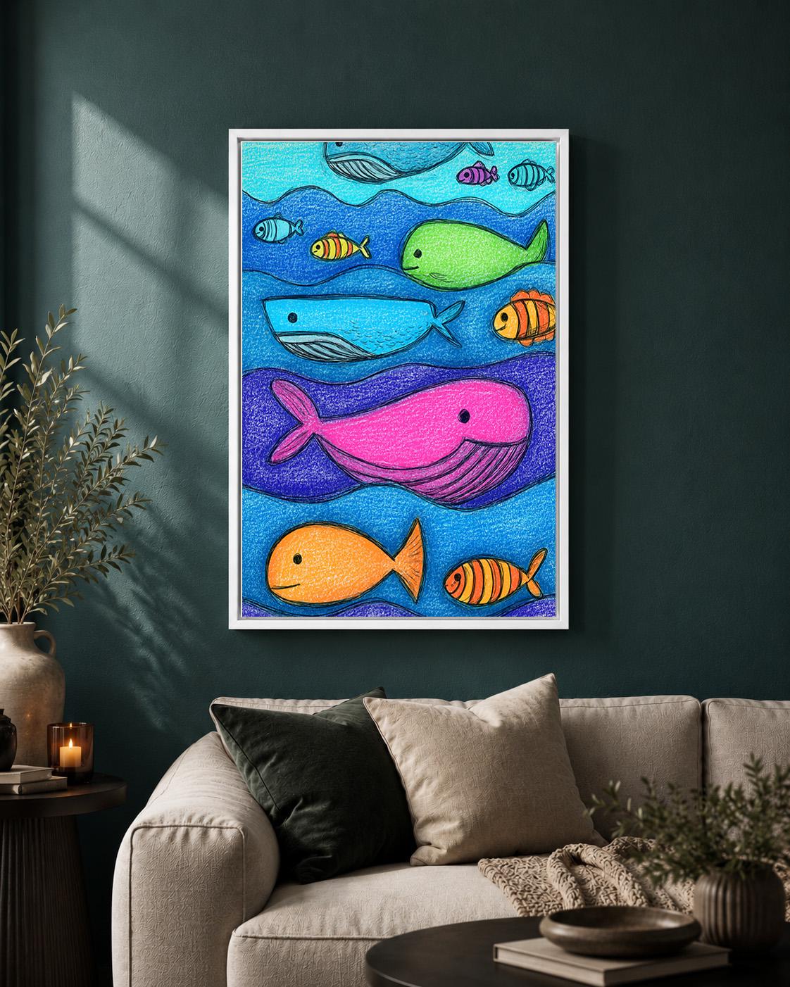Whale and Fish Ocean Nursery Colorful Kids Sea Life Canvas Print by The Wall Art Studio