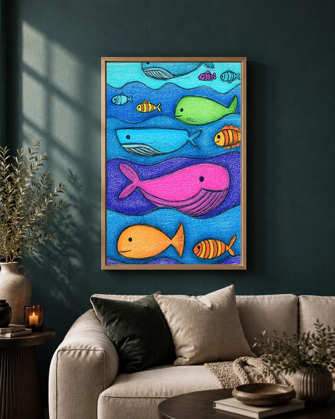 Whale and Fish Ocean Nursery Colorful Kids Sea Life Canvas Print by The Wall Art Studio