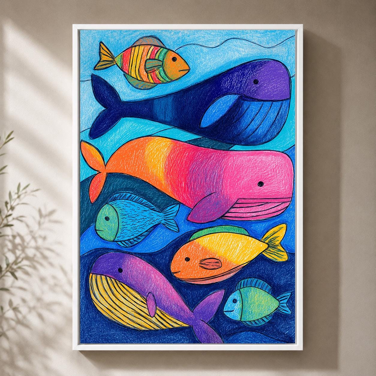 Colorful Whale and Fish Ocean Nursery Playroom Framed Canvas by The Wall Art Studio