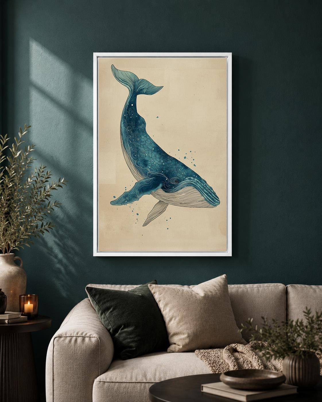 Blue Whale Coastal Nautical Ocean Framed Canvas by The Wall Art Studio