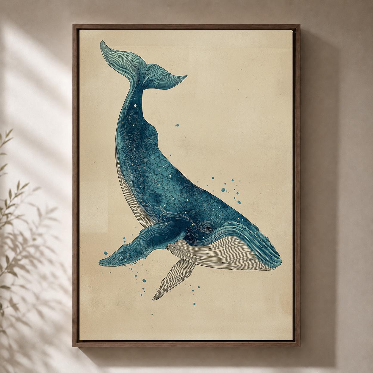 Blue Whale Coastal Nautical Ocean Framed Canvas by The Wall Art Studio