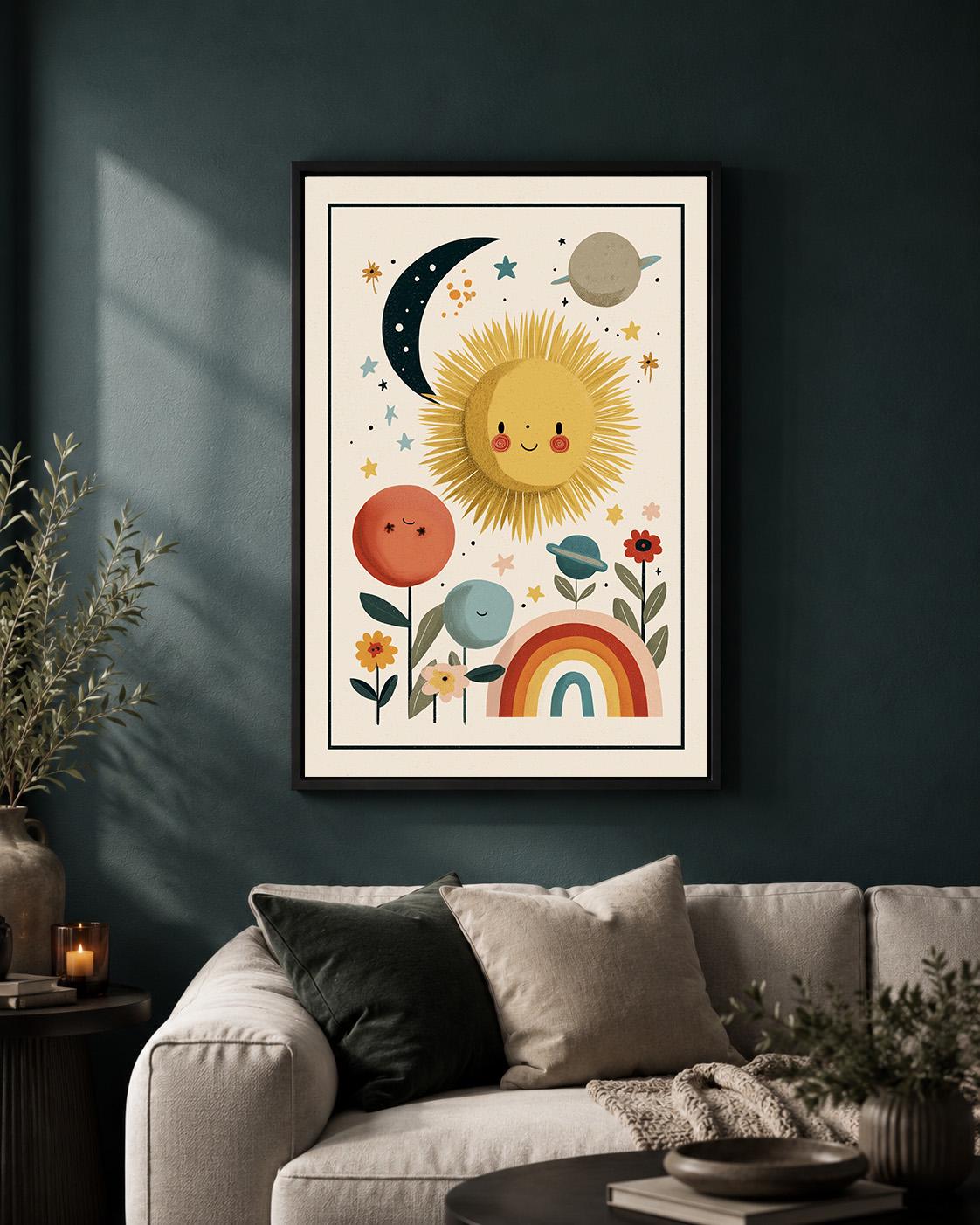 Boho Sun and Rainbow Celestial Nursery Kids Room Framed Canvas by The Wall Art Studio
