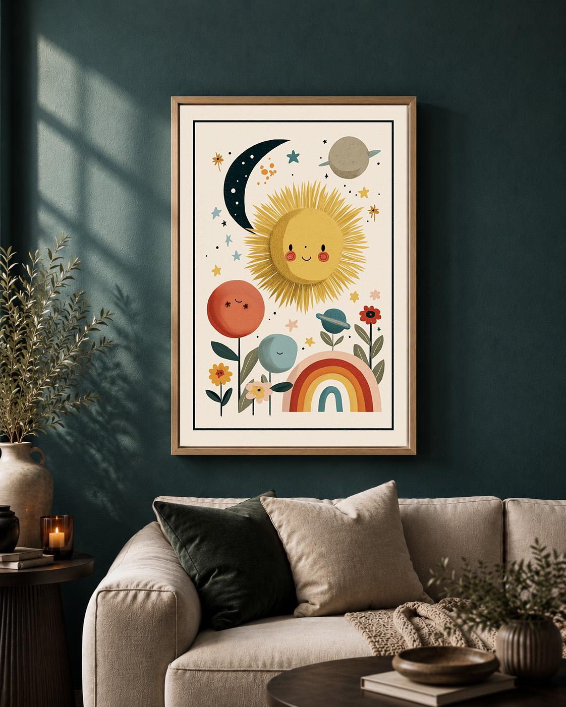 Boho Sun and Rainbow Celestial Nursery Kids Room Framed Canvas by The Wall Art Studio
