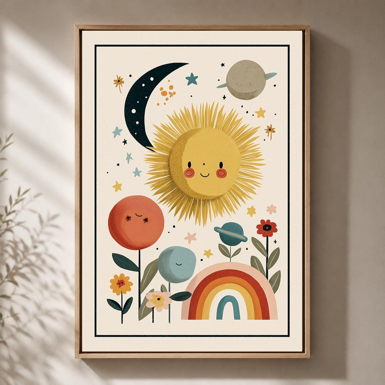 Boho Sun and Rainbow Celestial Nursery Kids Room Framed Canvas by The Wall Art Studio
