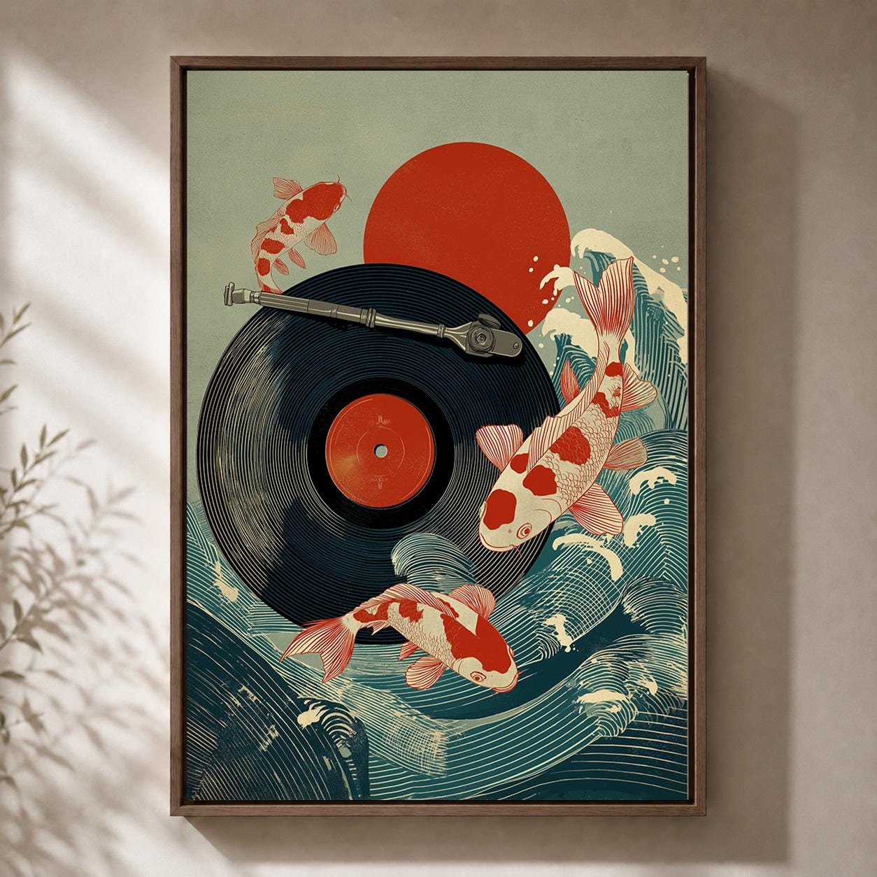 Koi Fish Japanese Music Vinyl Record Wave Framed Canvas by The Wall Art Studio - physical