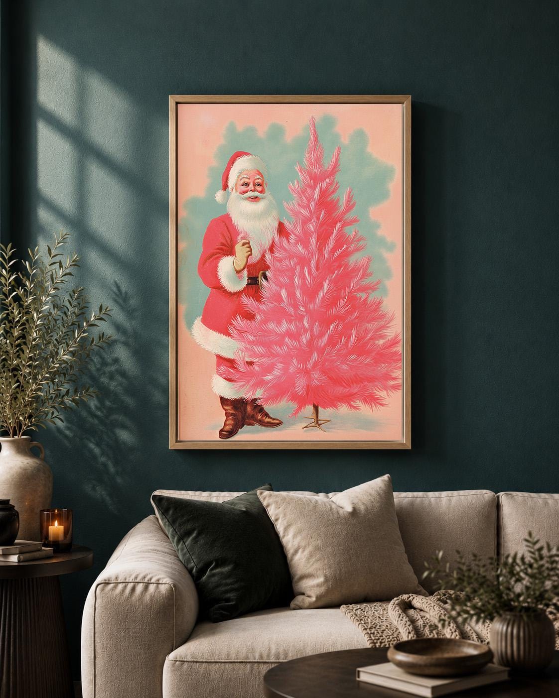 Retro Pink Christmas Tree Framed Vintage Santa Framed Canvas by The Wall Art Studio - physical