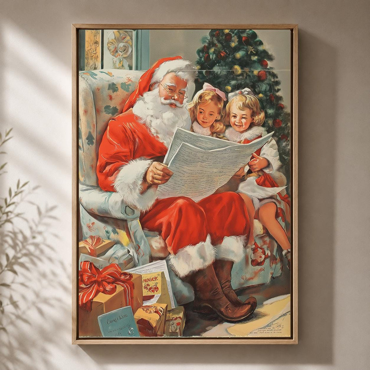 Vintage Santa Reading Christmas List Retro Holiday Framed Canvas by The Wall Art Studio - physical