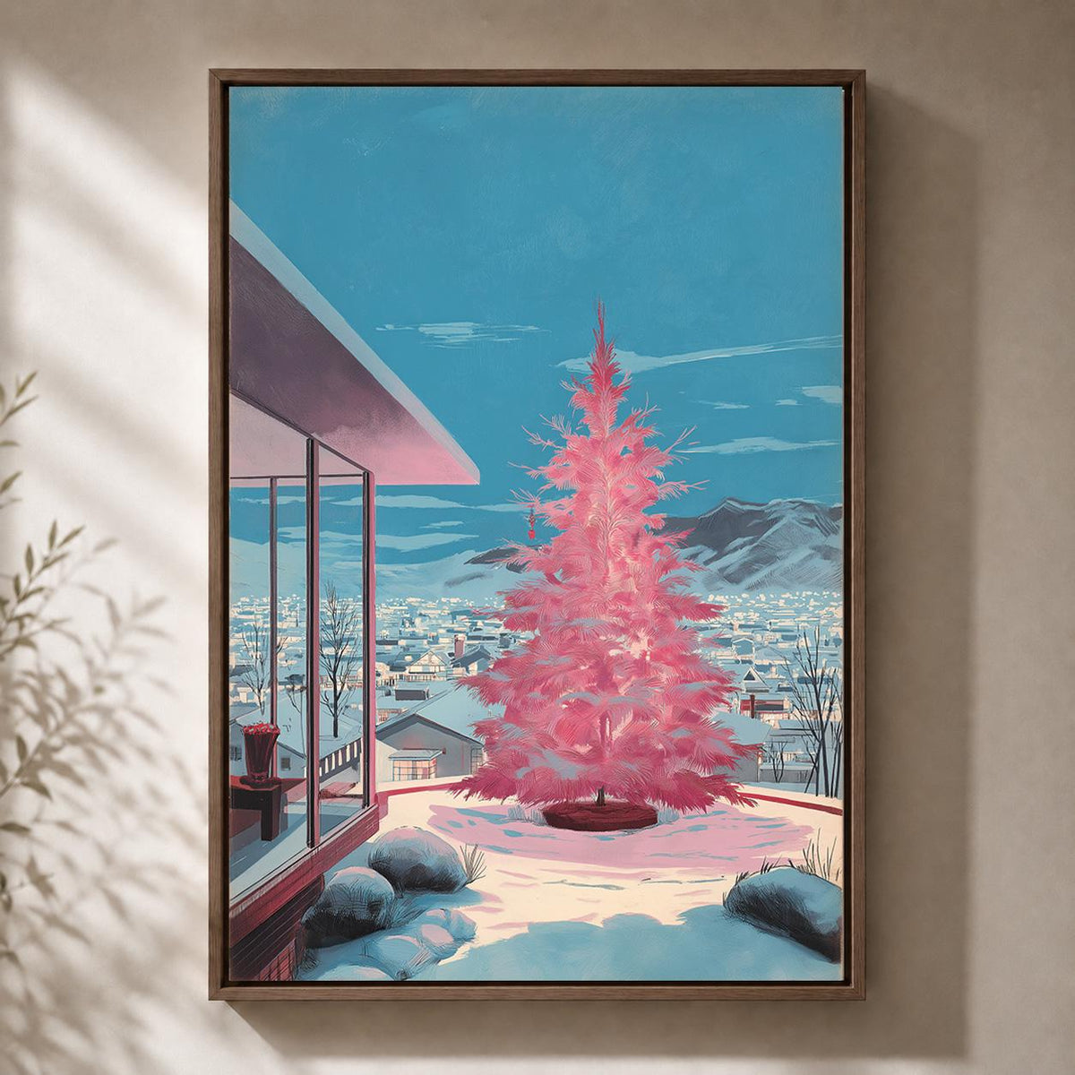 Pink Christmas Tree Mid Century Modern Vintage Festive Framed Canvas by The Wall Art Studio - physical