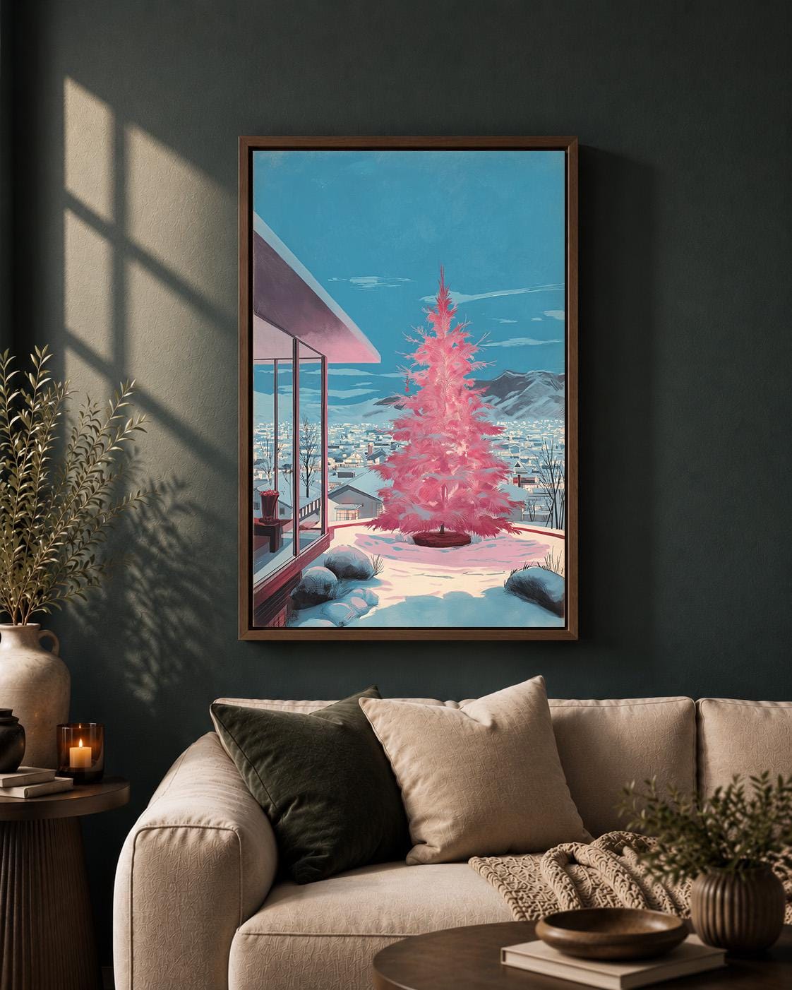 Pink Christmas Tree Mid Century Modern Vintage Festive Framed Canvas by The Wall Art Studio - physical