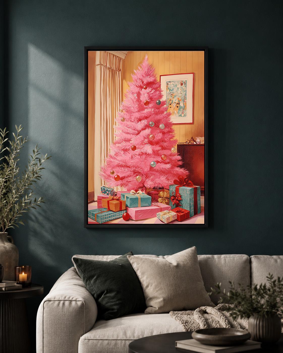 Pink Christmas Tree Mid-Century Festive Framed Canvas by The Wall Art Studio - physical