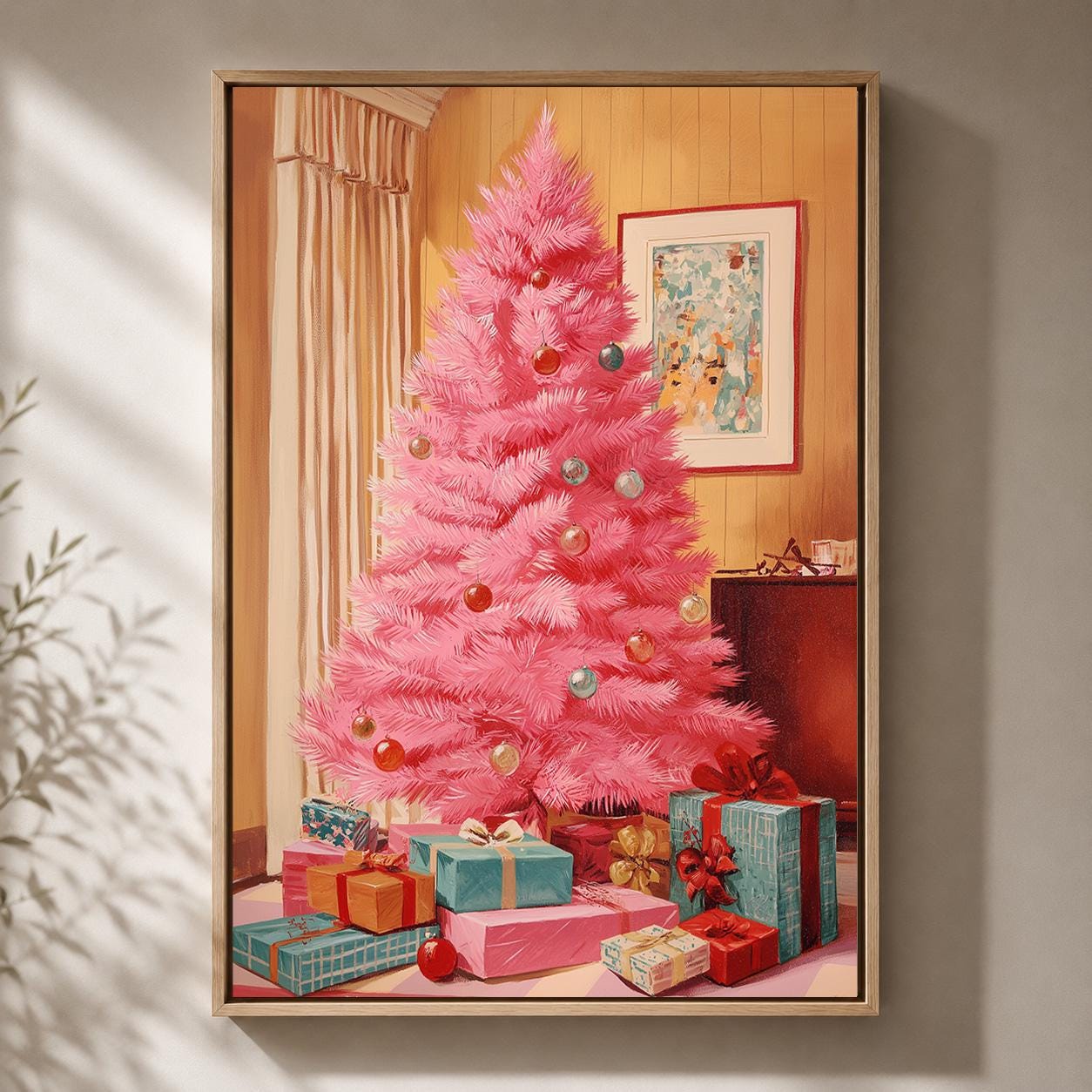 Pink Christmas Tree Mid-Century Festive Framed Canvas by The Wall Art Studio - physical