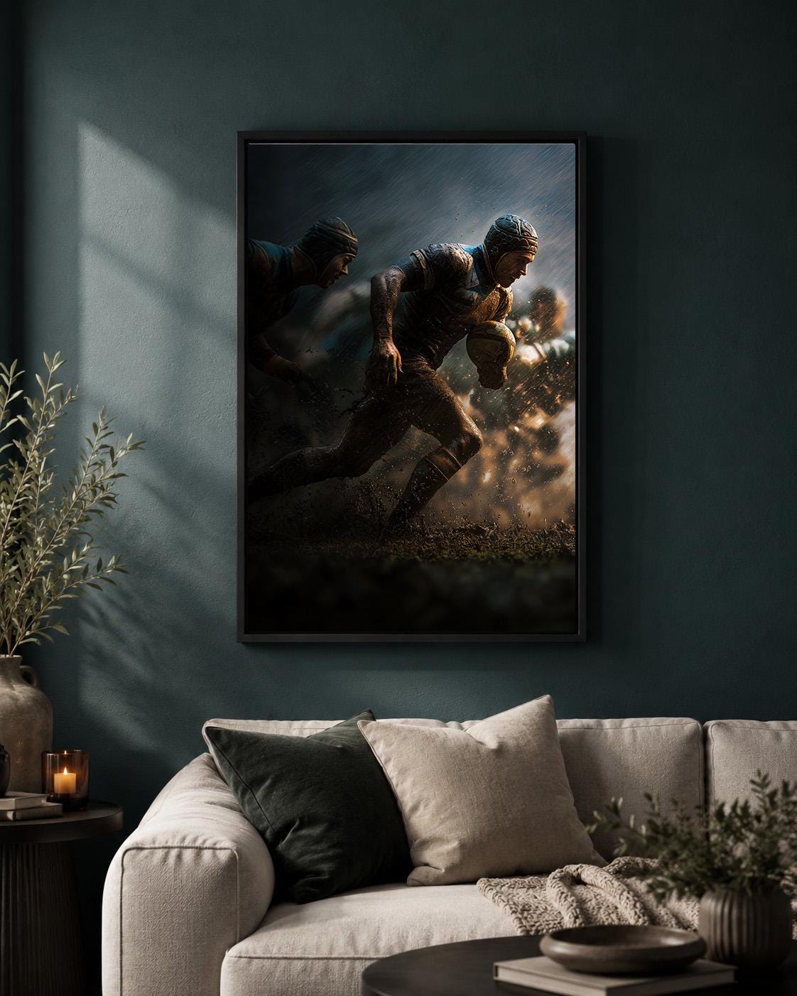 Rugby Player Dramatic Action Framed Canvas by The Wall Art Studio - physical