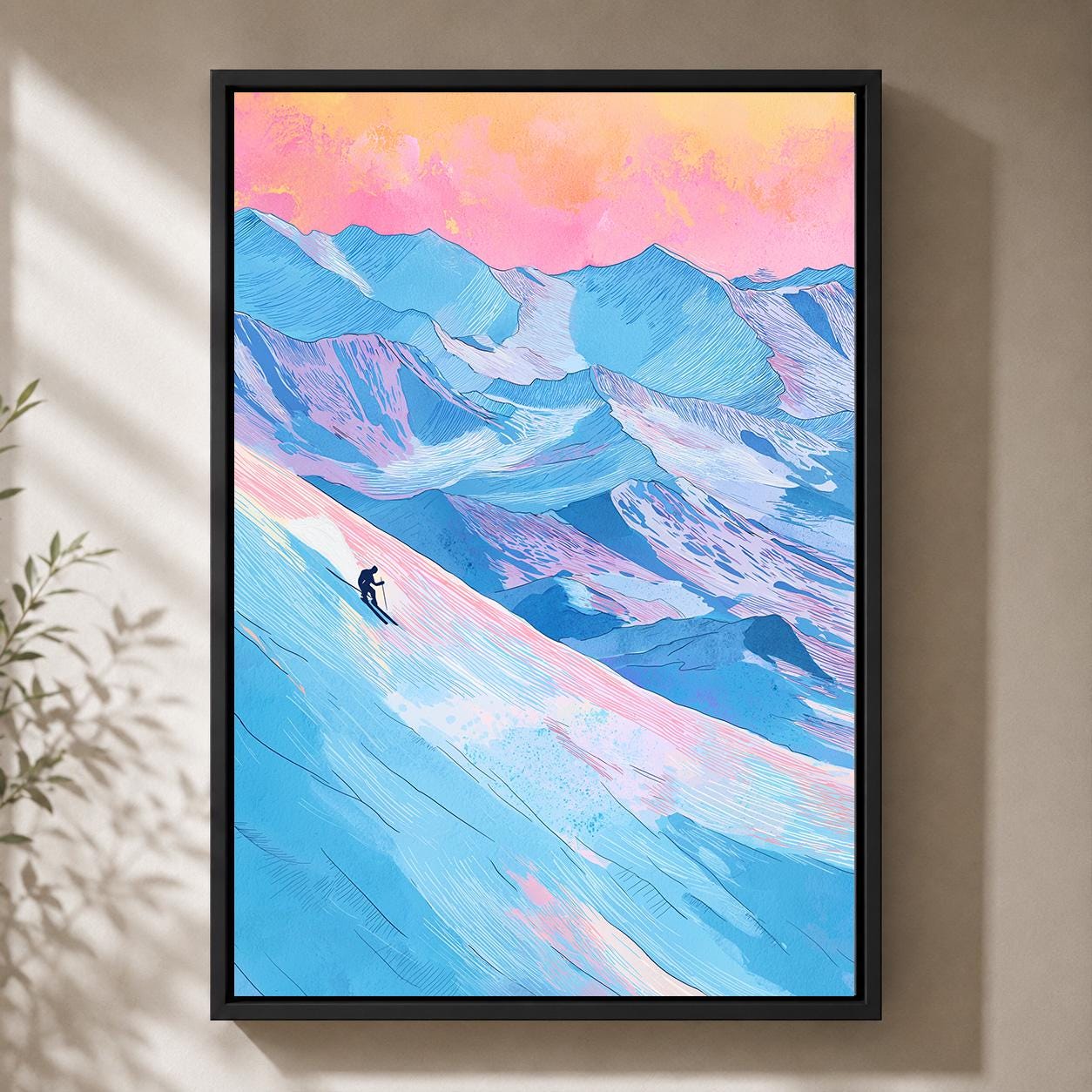 Skiing Colourful Mountain Alpine Ski Winter Sports Framed Canvas by The Wall Art Studio - physical