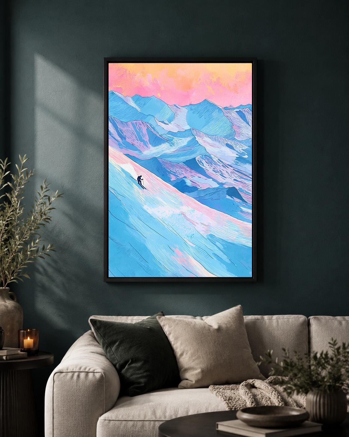 Skiing Colourful Mountain Alpine Ski Winter Sports Framed Canvas by The Wall Art Studio - physical
