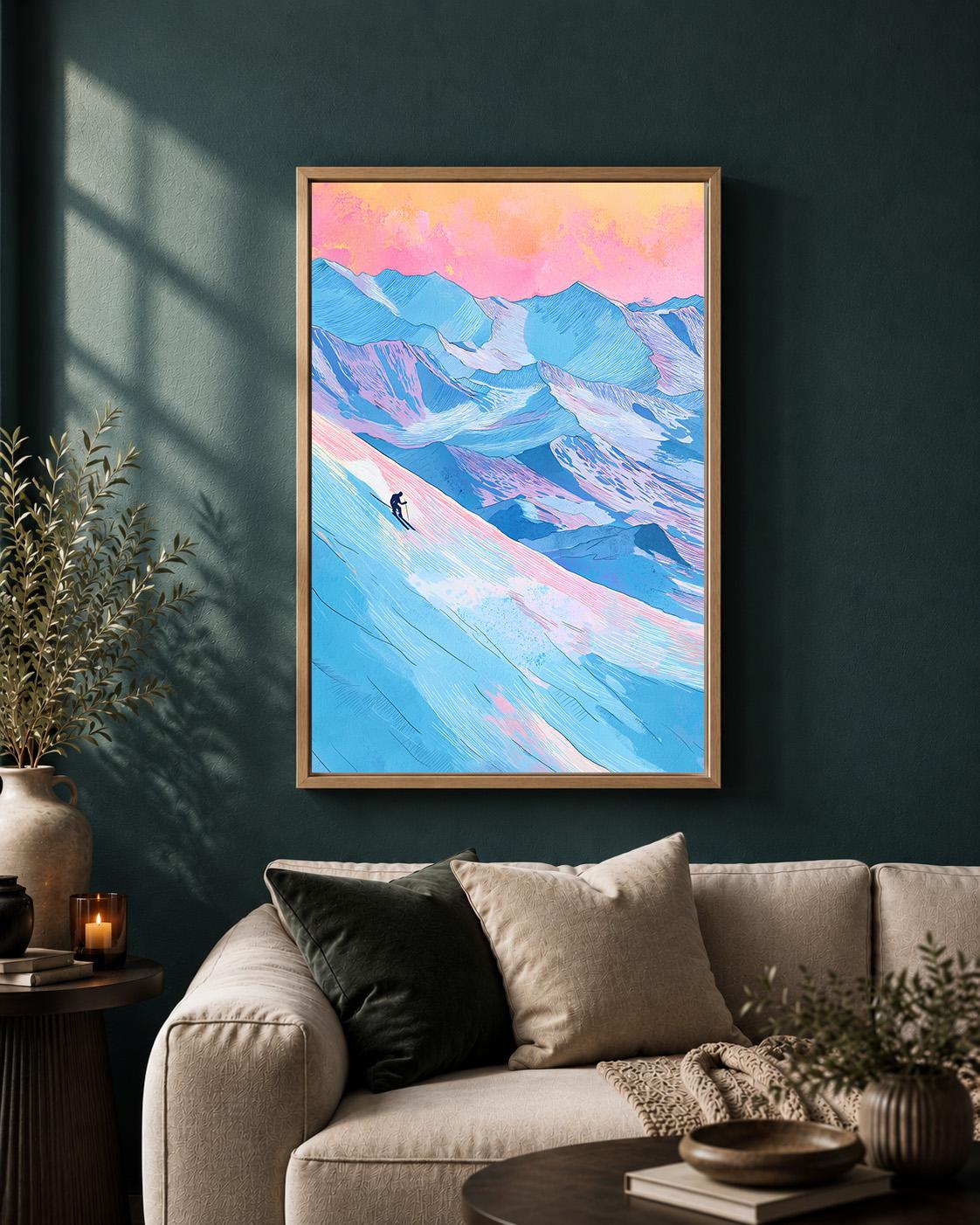 Skiing Colourful Mountain Alpine Ski Winter Sports Framed Canvas by The Wall Art Studio - physical