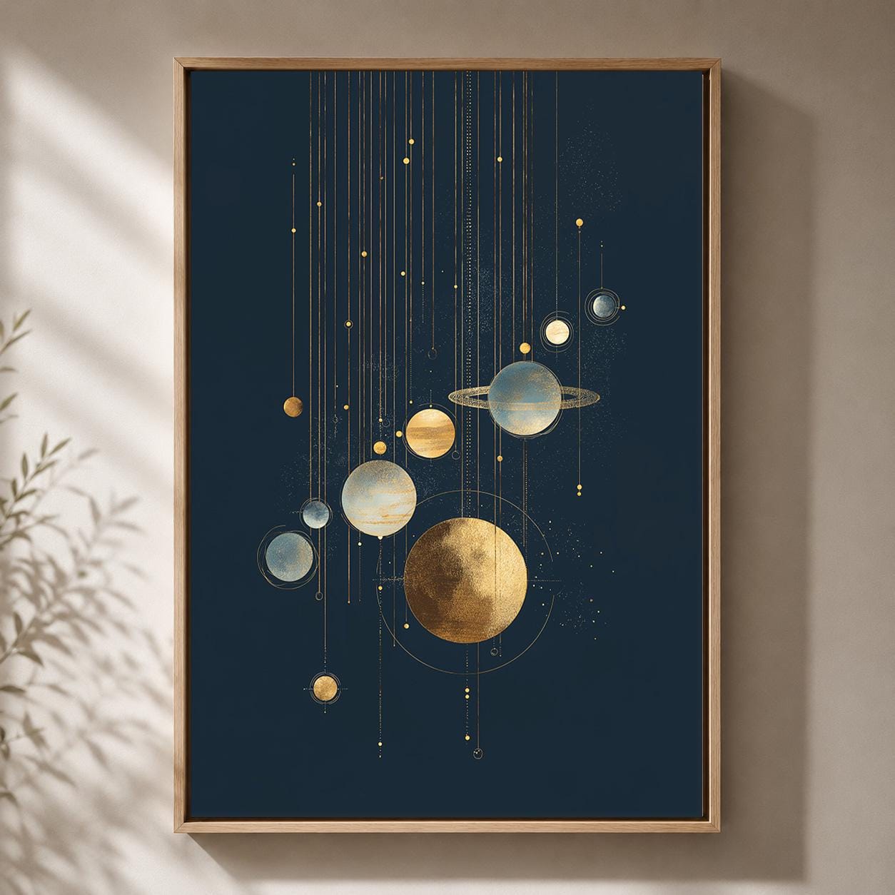 Celestial Gold Planet Modern Cosmic Space Framed Canvas by The Wall Art Studio - physical