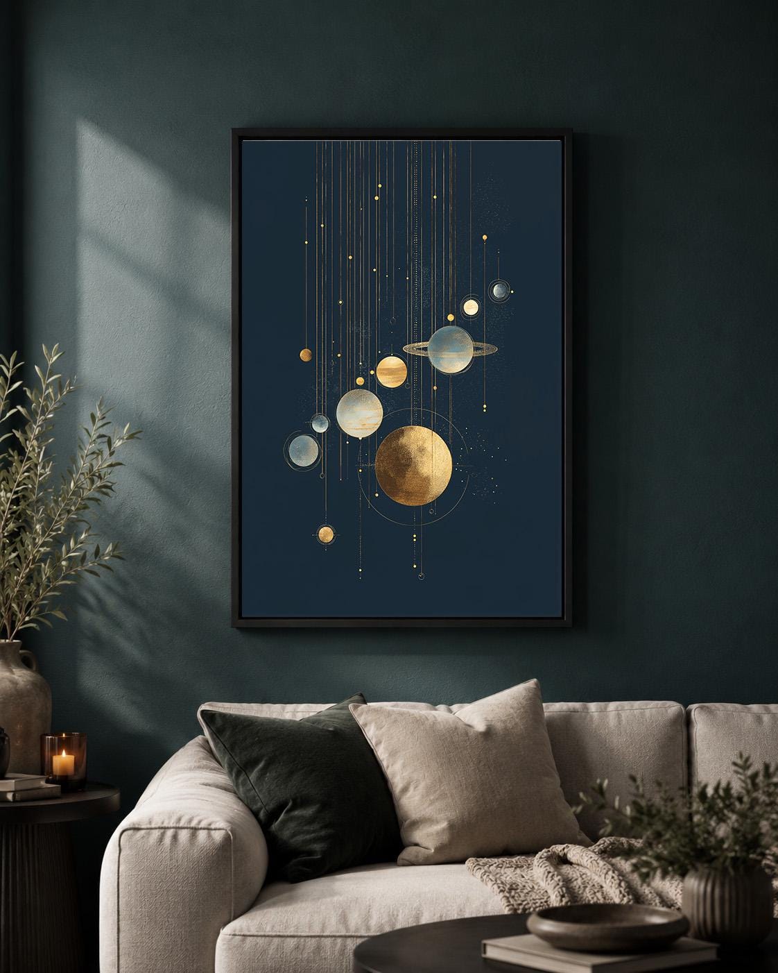 Celestial Gold Planet Modern Cosmic Space Framed Canvas by The Wall Art Studio - physical