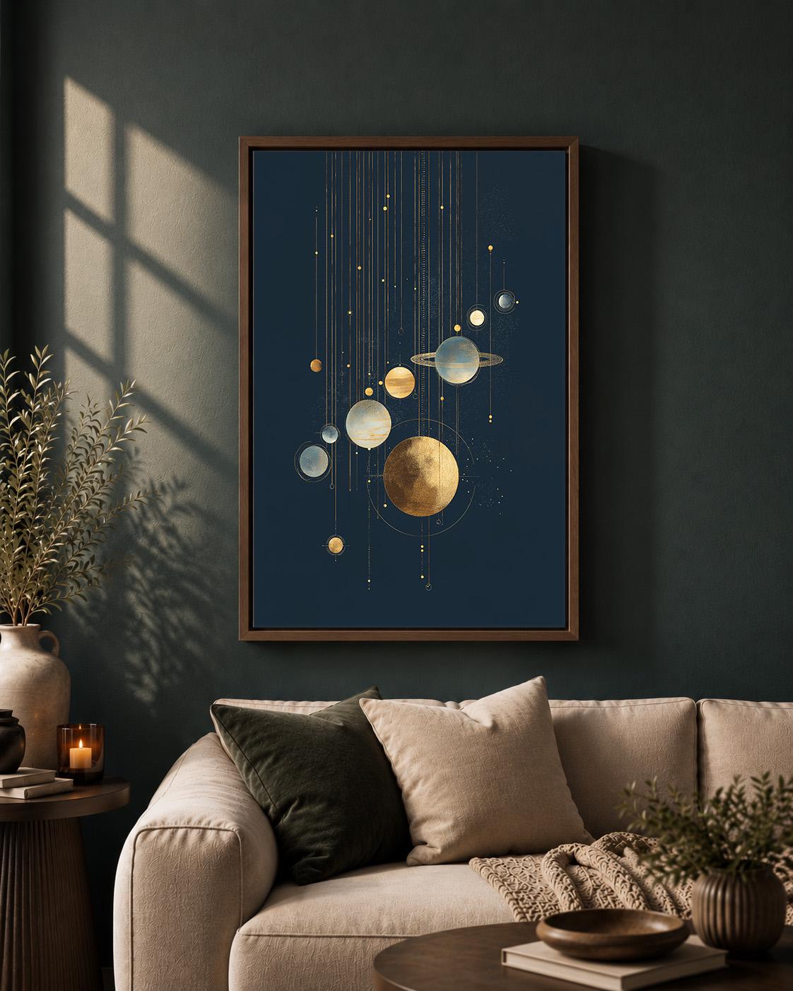 Celestial Gold Planet Modern Cosmic Space Framed Canvas by The Wall Art Studio - physical