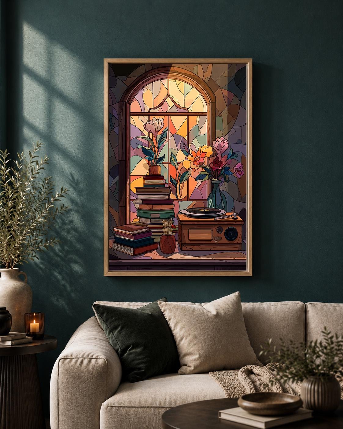 Record Player Stained Glass Vintage Vinyl Music Books and Flowers Framed Canvas by The Wall Art Studio - physical
