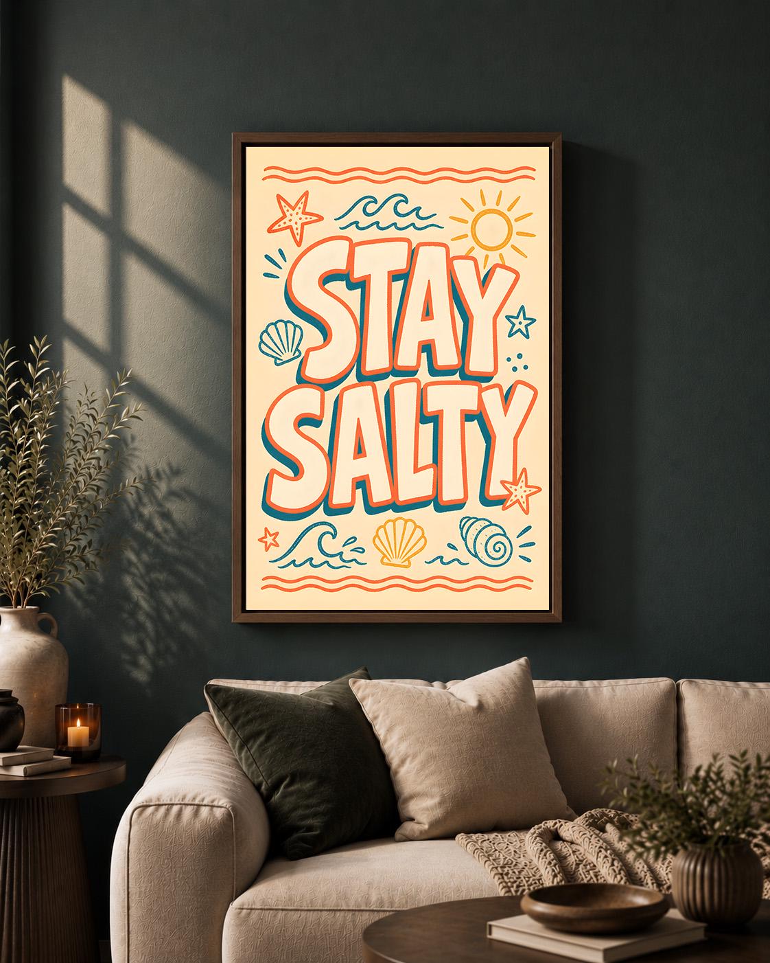 Stay Salty Retro Beach Quote Coastal Summer Seaside Framed Canvas by The Wall Art Studio - physical