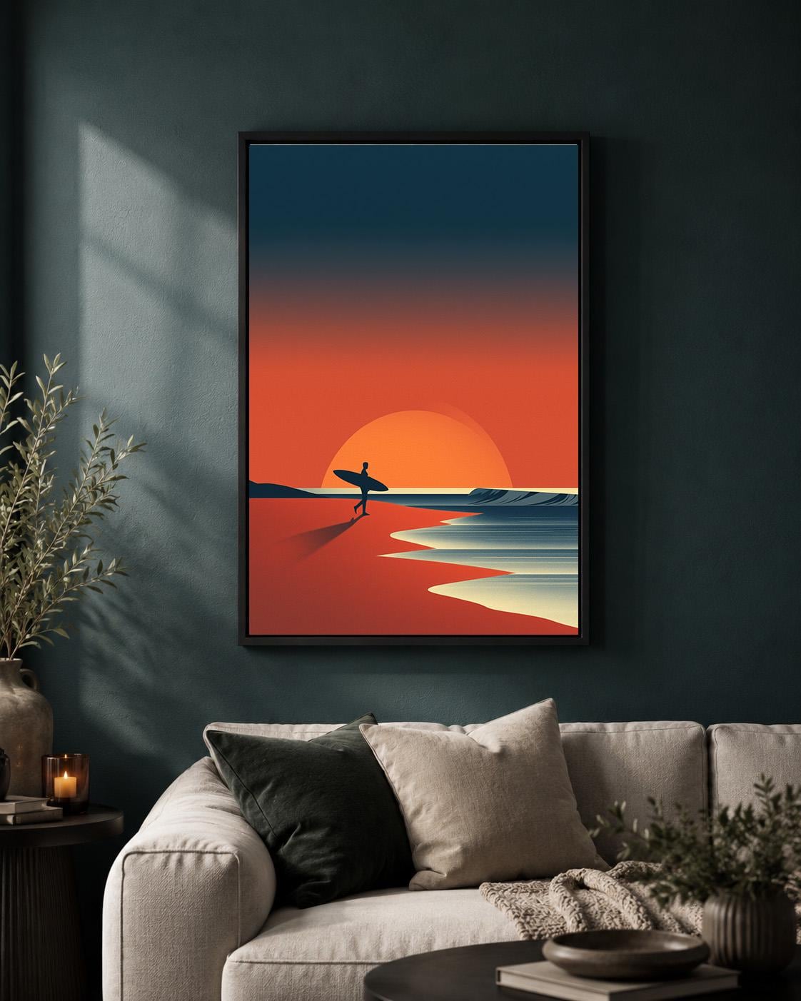 Surfing Sunset Beach Retro Surfer Coastal Ocean Framed Canvas by The Wall Art Studio - physical