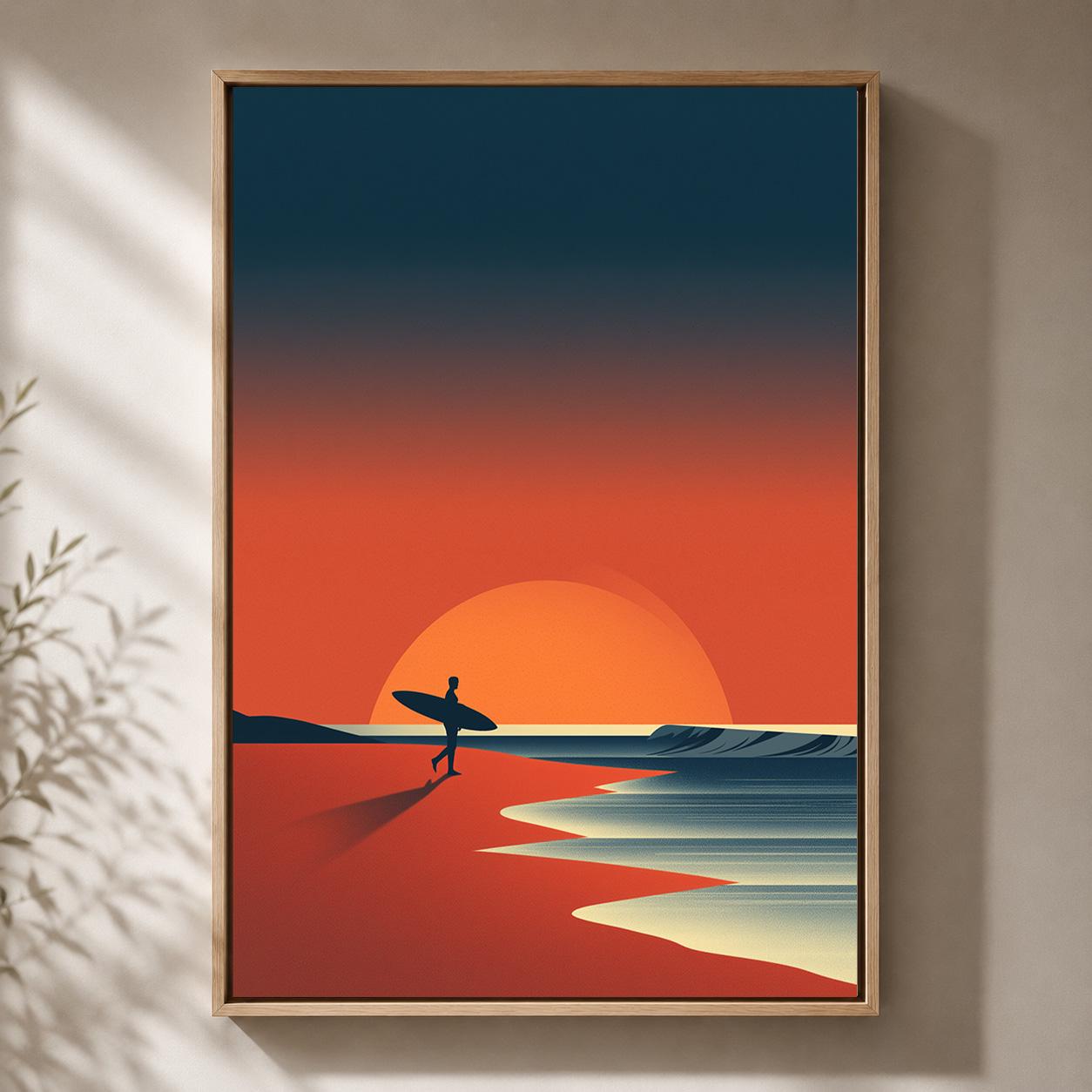 Surfing Sunset Beach Retro Surfer Coastal Ocean Framed Canvas by The Wall Art Studio - physical