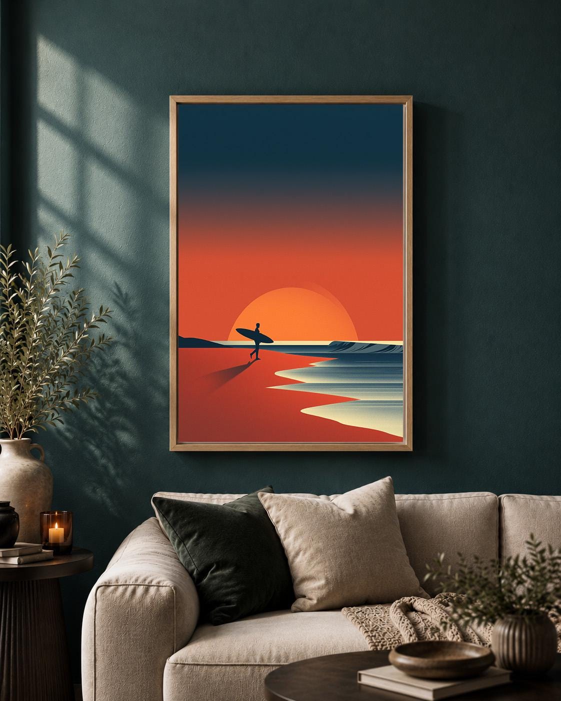 Surfing Sunset Beach Retro Surfer Coastal Ocean Framed Canvas by The Wall Art Studio - physical