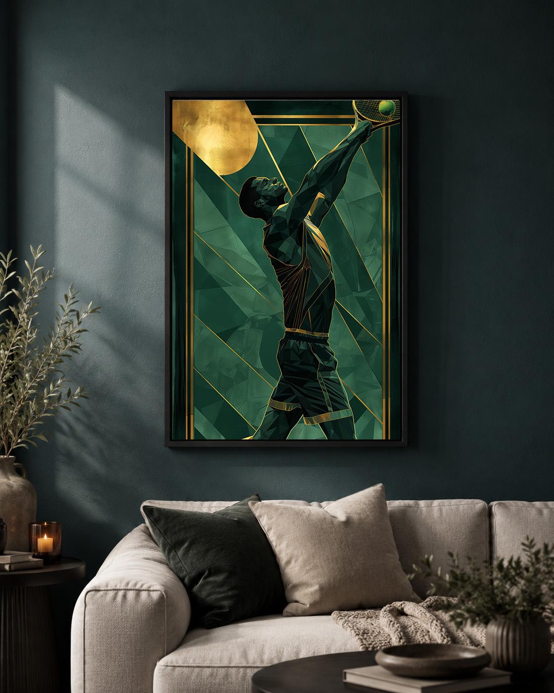 Art Deco Tennis Player Green & Gold Modern Racquet Framed Canvas by The Wall Art Studio - physical