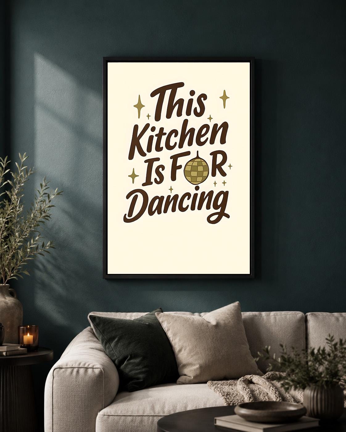 Retro Brown "This Kitchen is for Dancing" Quote Framed Canvas by The Wall Art Studio - physical