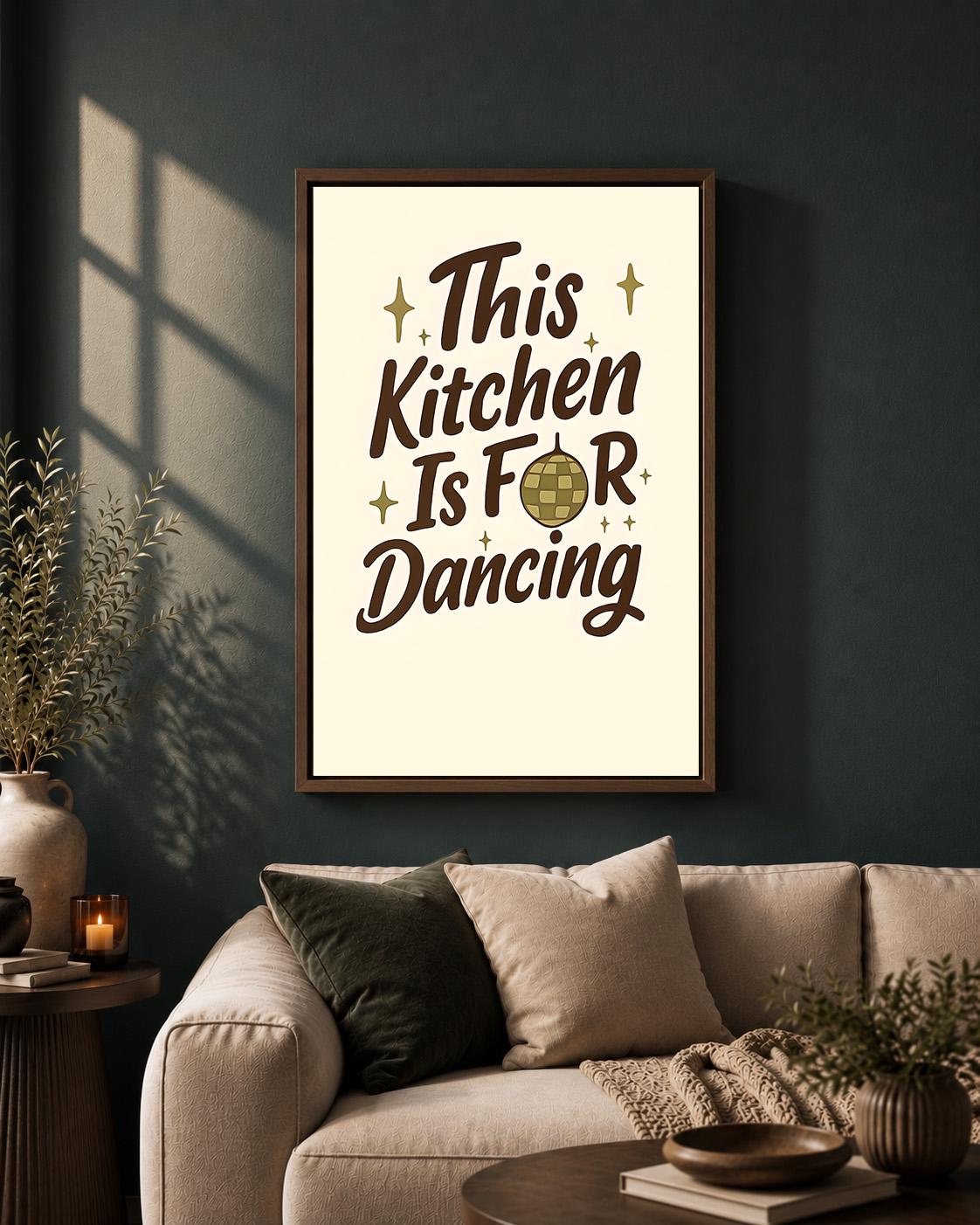Retro Brown "This Kitchen is for Dancing" Quote Framed Canvas by The Wall Art Studio - physical