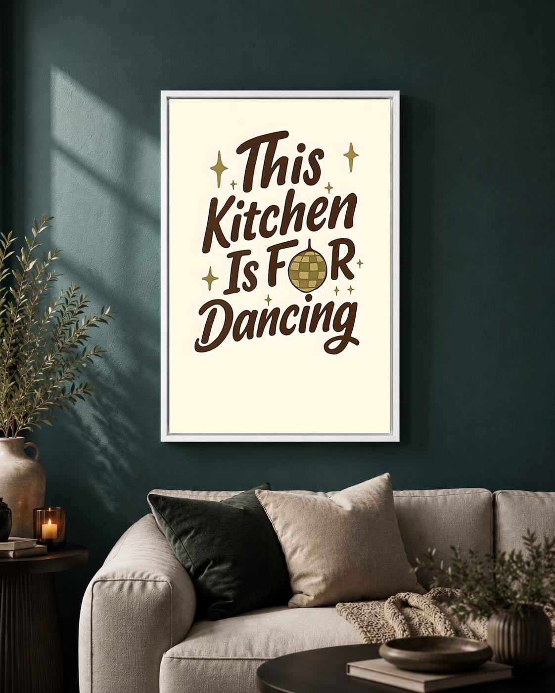 Retro Brown "This Kitchen is for Dancing" Quote Framed Canvas by The Wall Art Studio - physical