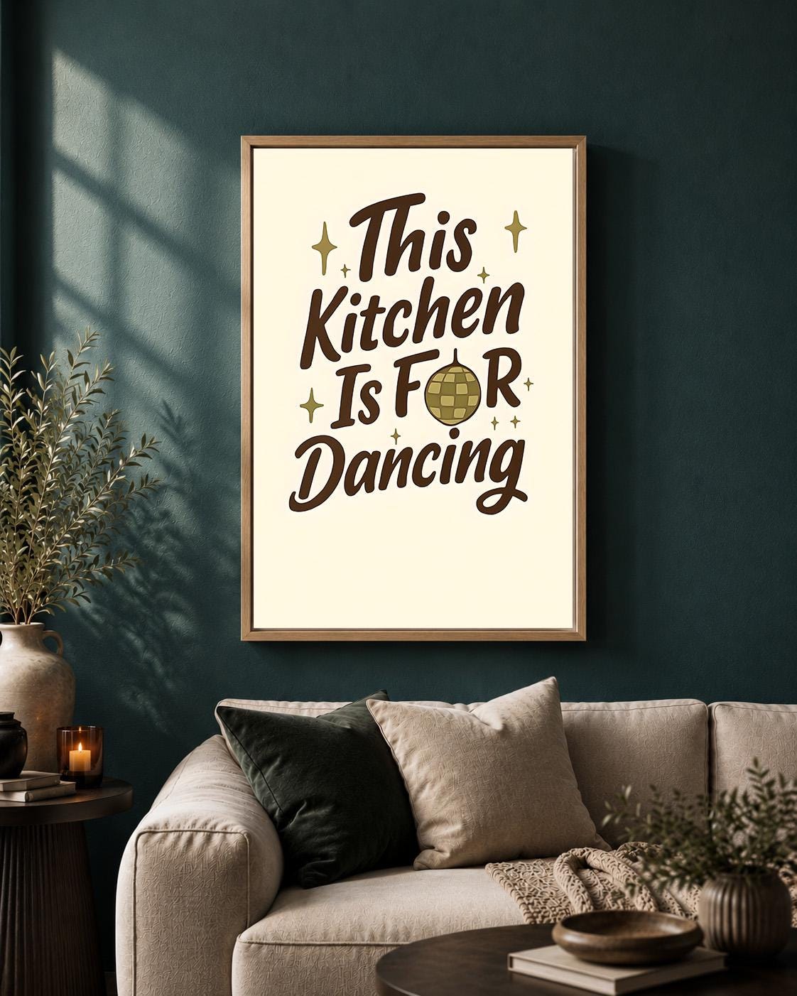 Retro Brown "This Kitchen is for Dancing" Quote Framed Canvas by The Wall Art Studio - physical