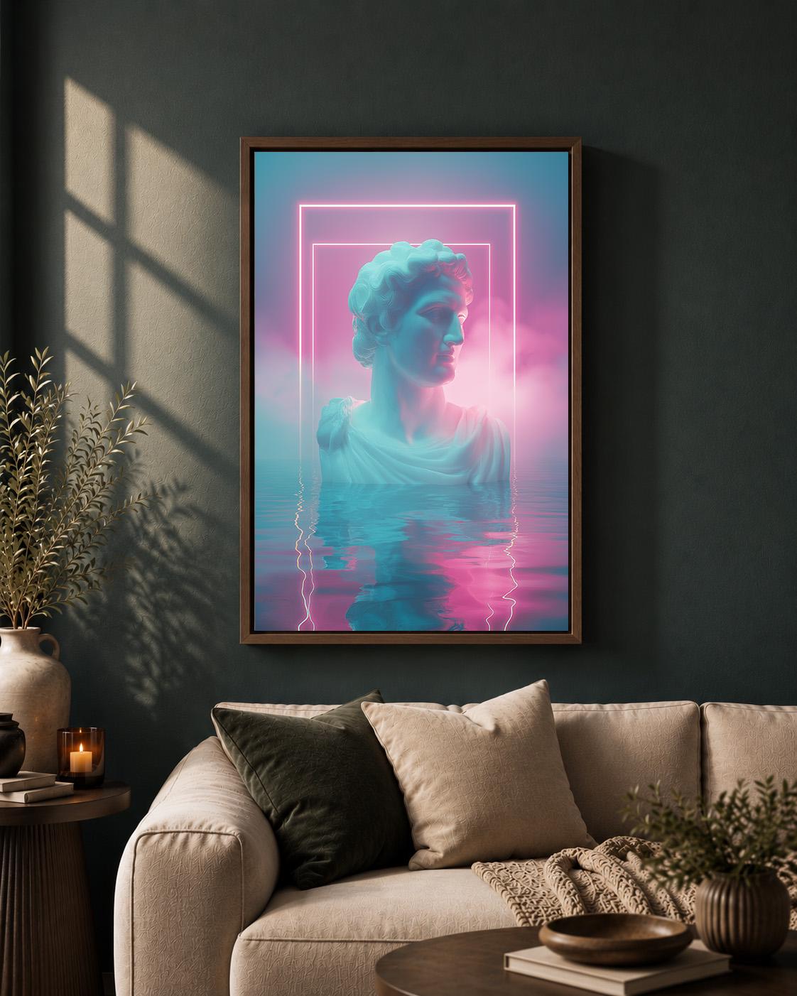 Vaporwave Greek Statue Neon Synthwave Retro Futuristic Framed Canvas by The Wall Art Studio - physical