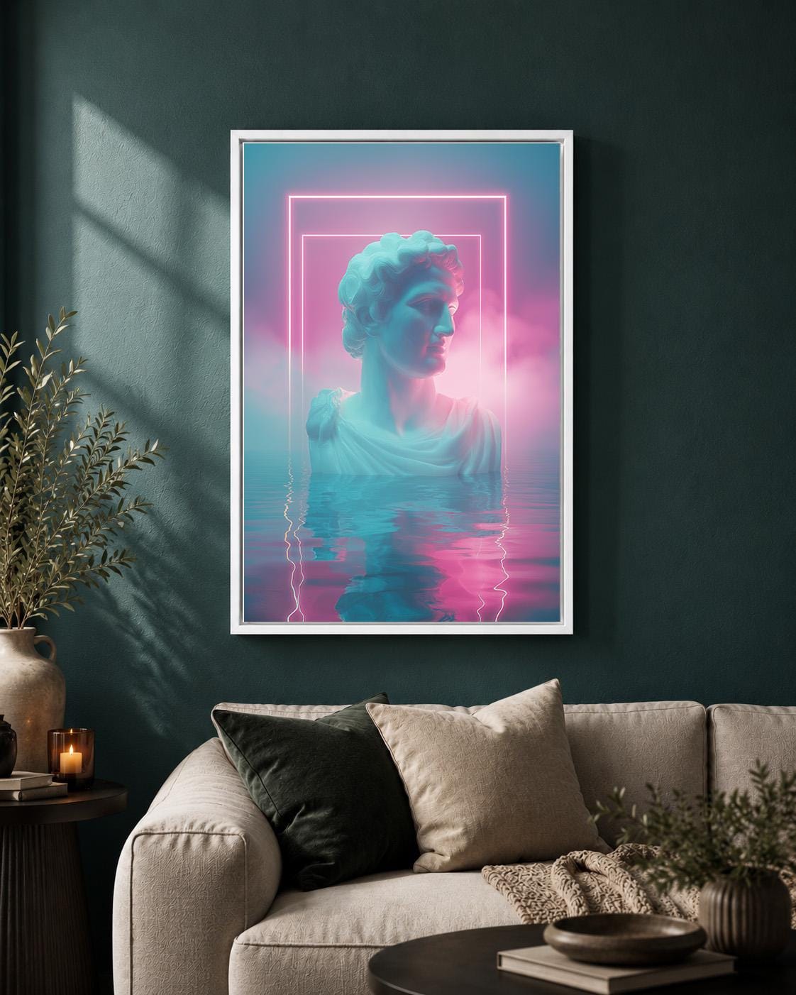 Vaporwave Greek Statue Neon Synthwave Retro Futuristic Framed Canvas by The Wall Art Studio - physical