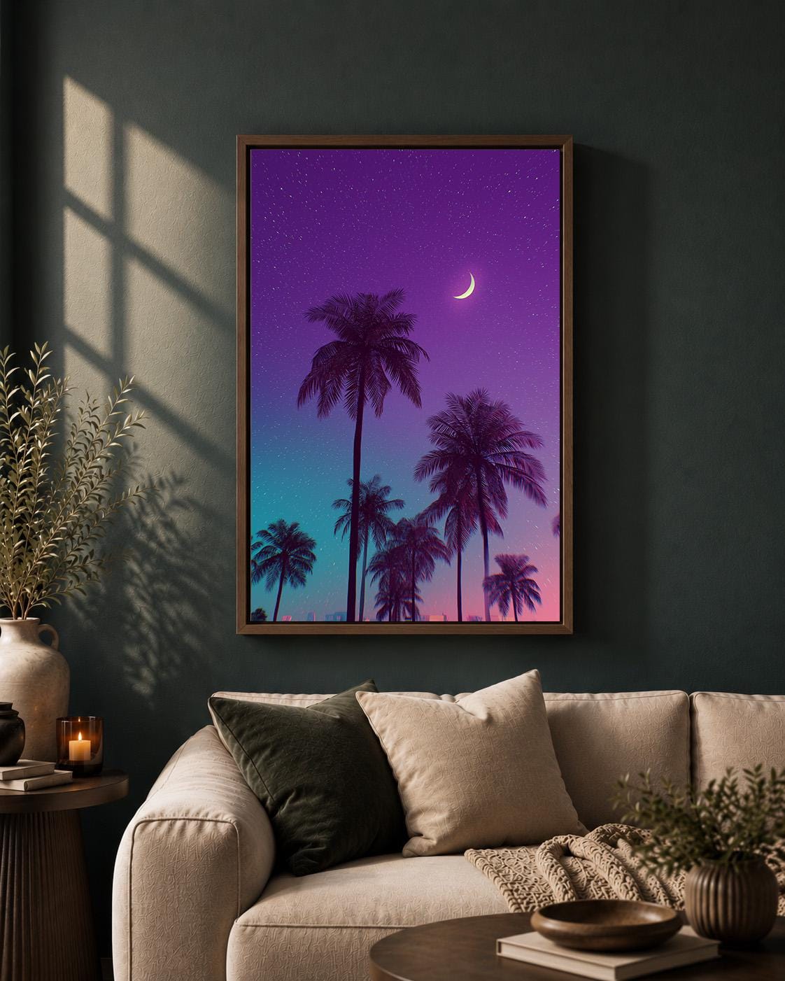 Vaporwave Palm Tree Neon Tropical Sunset Retro Synthwave Framed Canvas by The Wall Art Studio - physical
