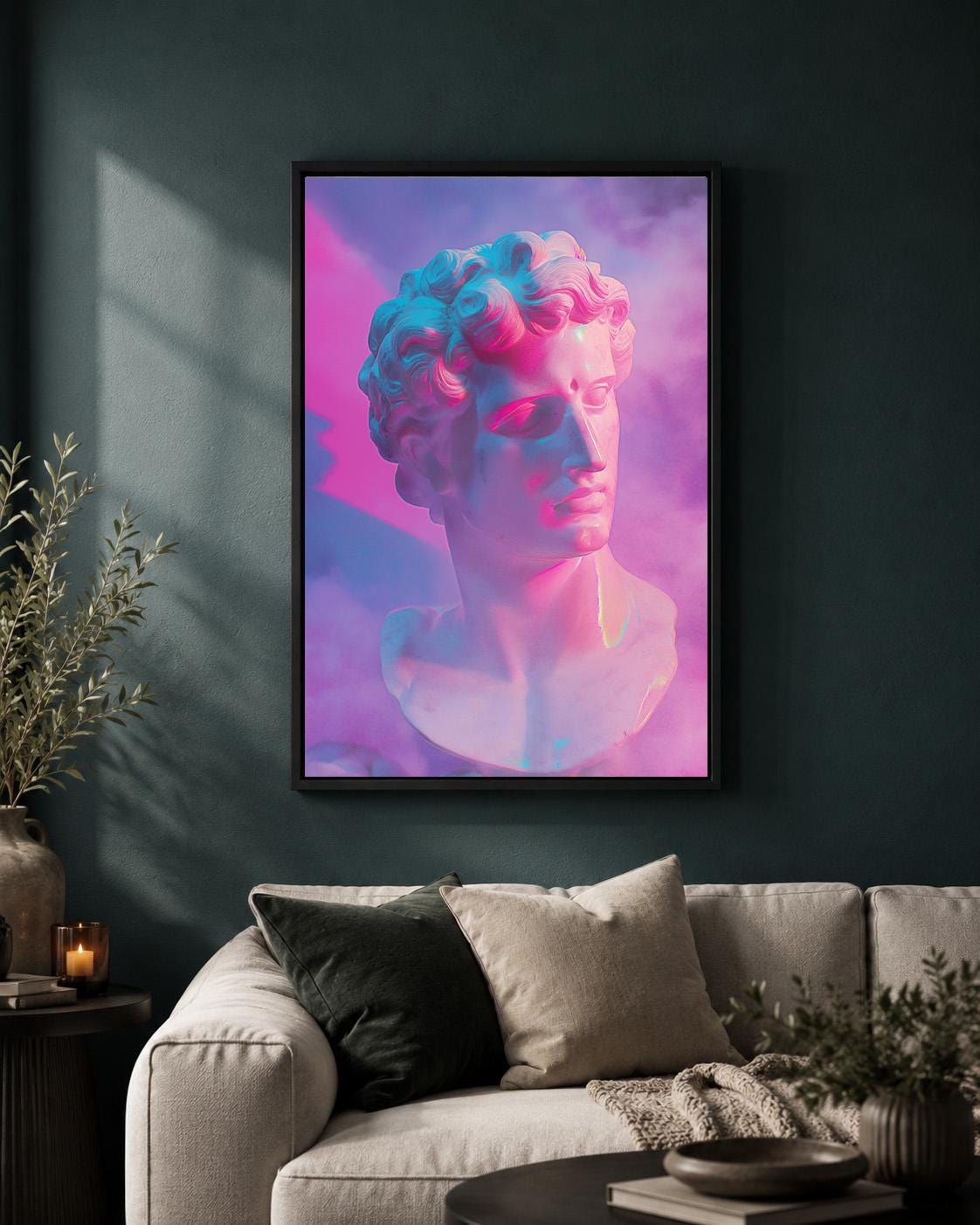 Vaporwave Greek Bust Pink & Blue Neon Sculpture Retro Synthwave Framed Canvas by The Wall Art Studio - physical