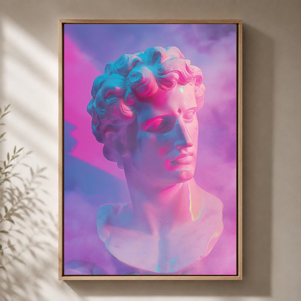 Vaporwave Greek Bust Pink & Blue Neon Sculpture Retro Synthwave Framed Canvas by The Wall Art Studio - physical